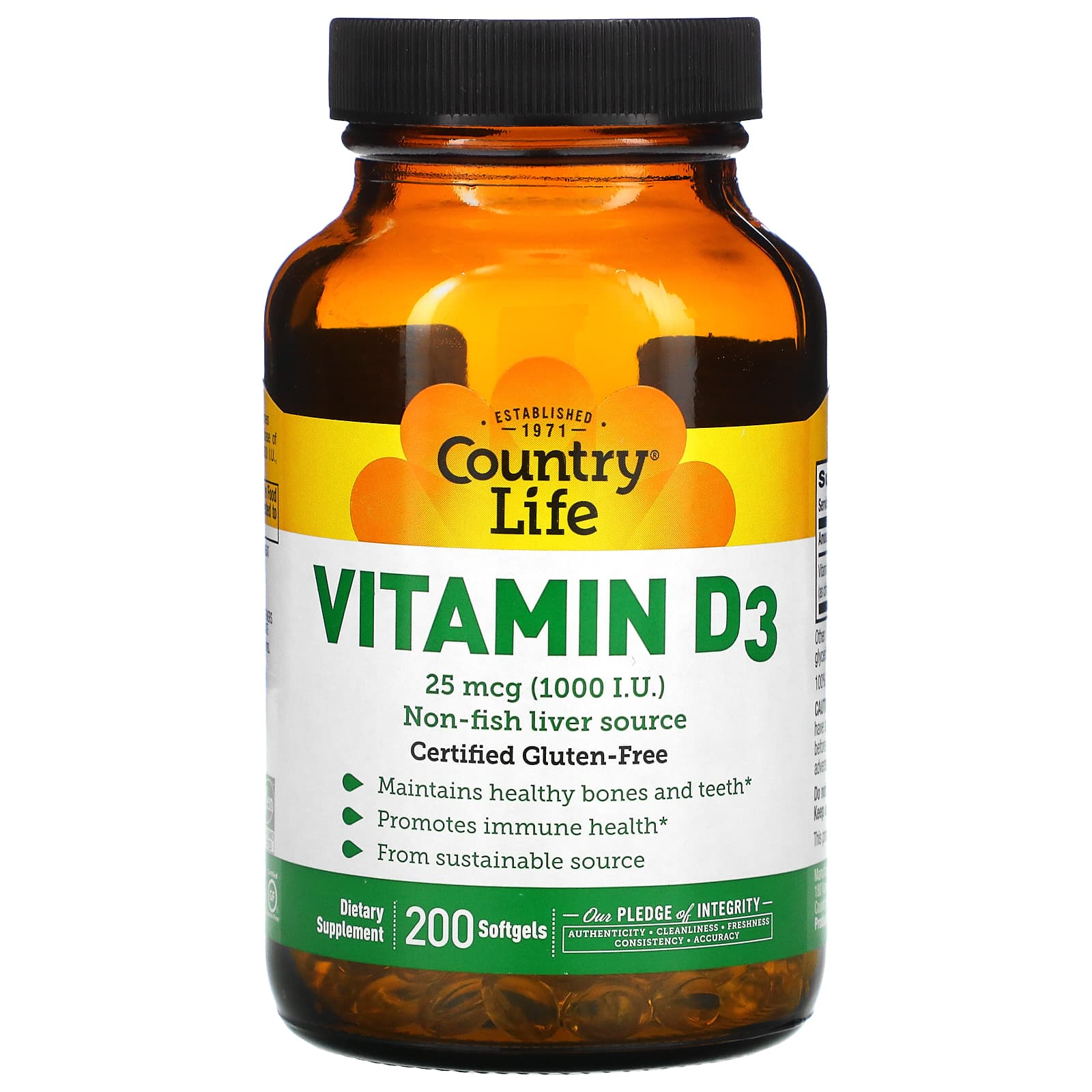 Country Life, Vitamin D3, 25 mcg, (1,000 I.U.), 200 Softgels UPC 015794058069 | Hilife Vitamins